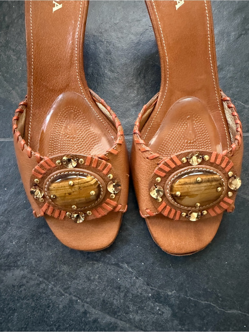Prada Women’s tiger’s eye Tan Leather Embellished kitten heel sandals - Picture 2 of 3